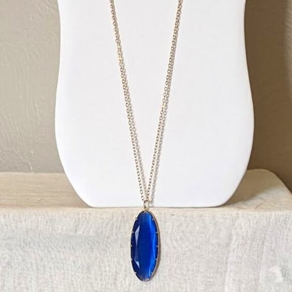 Blue Elliptical Shaped Bead Pendant on Long Gold Tone Chain - Picture 1 of 6